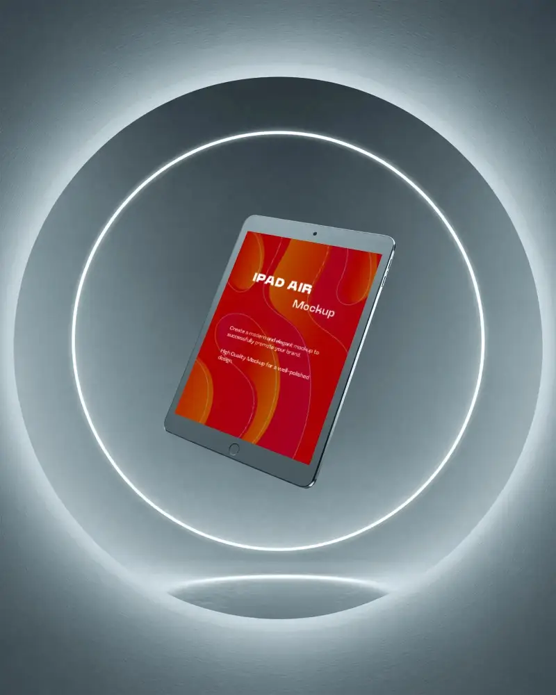 Levitating Ipad Air Mockup Center Frame Dark Gradient Wall With Glow Ring And Shadow
