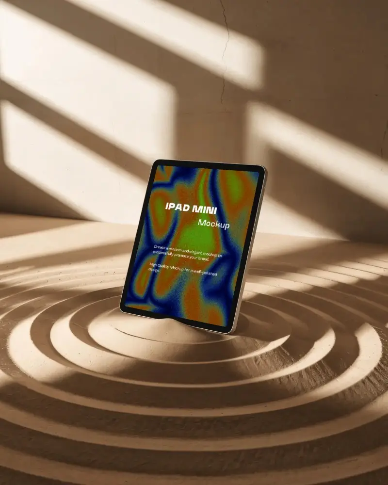 Contemplative Ipad Mini Mockup In Wave Sand Setting And Beam Light Shadows For Zen Style