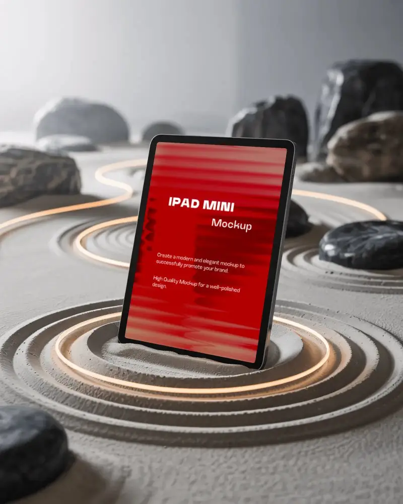 Glowing Path Ipad Mini Mockup In Zen Space With Meditative Vibe And Textured Stone Features