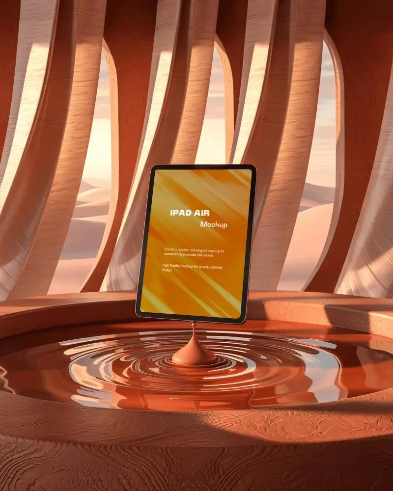 Ipad Air Mockup Floating Over Liquid Pedestal In Terracotta Chamber With Curved Sculptural Light