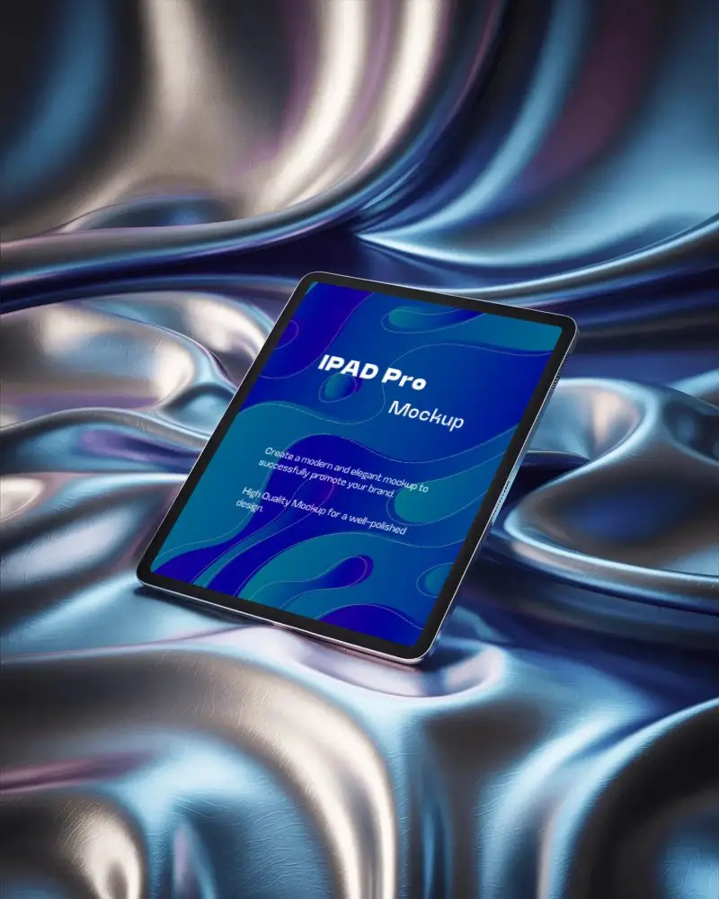 Ipad Pro Mockup Angled On Metallic Silk Fabric With Reflective Blue And Purple Tones