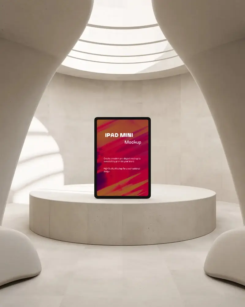 Ipad Mini Mockup Centered On Round Plinth In Architectural Sculpted Space With Skylight