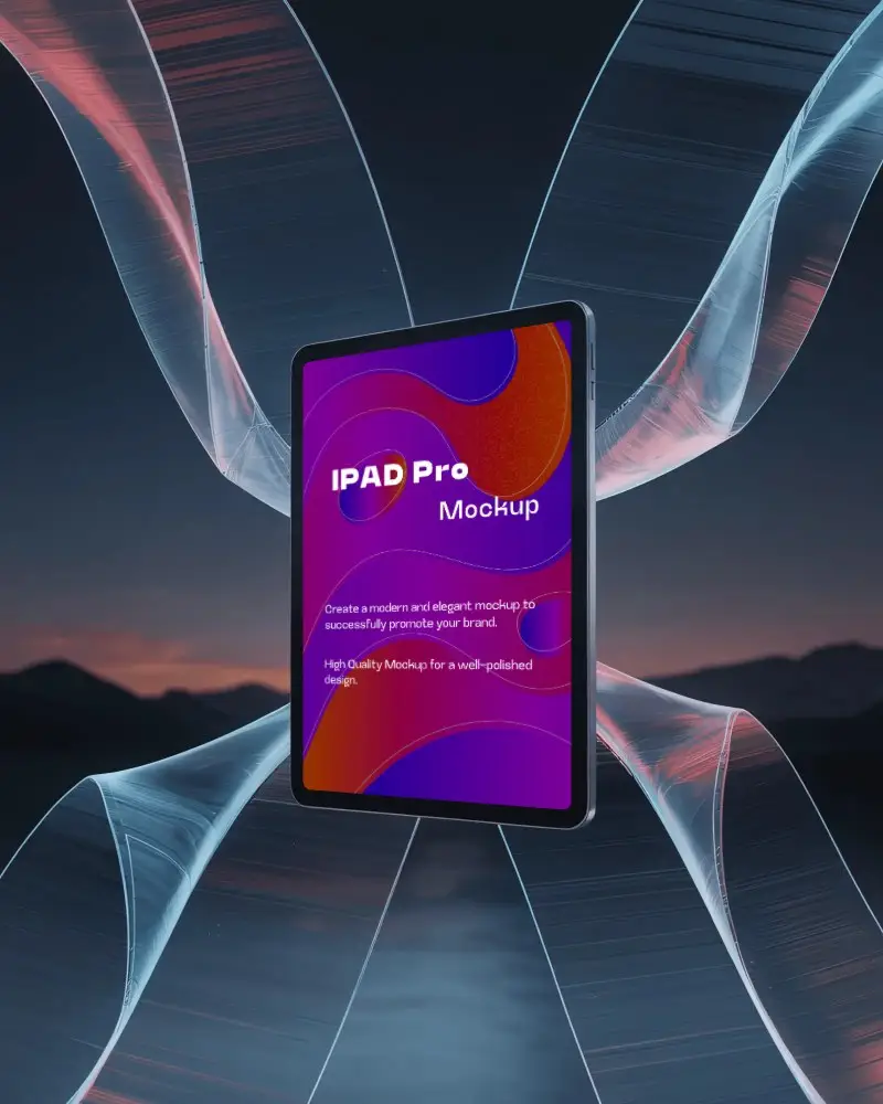 Futuristic Ipad Pro Mockup Hovering Inside Abstract Light Ribbons Over Dark Horizon Scene