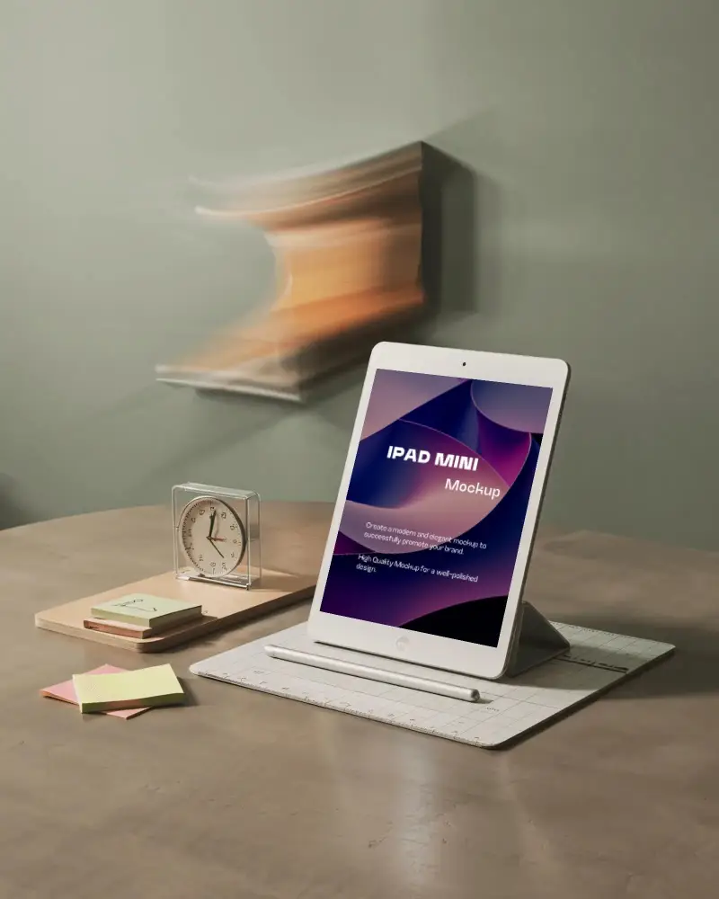 Angled Ipad Mini Mockup In Stand Position On Matte Desk With Stationery And Speed Blur