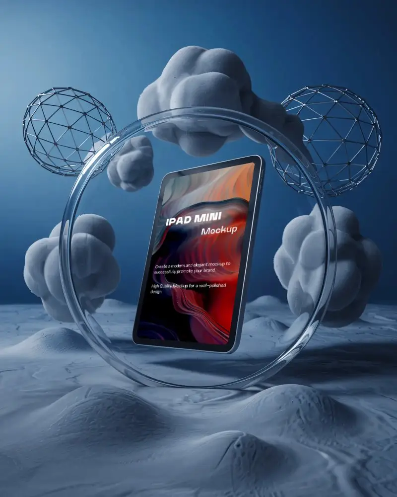 ipad-mini-mockup-floating-encased-in-clear-ring-with-cloud-forms-and-wireframe-spheres