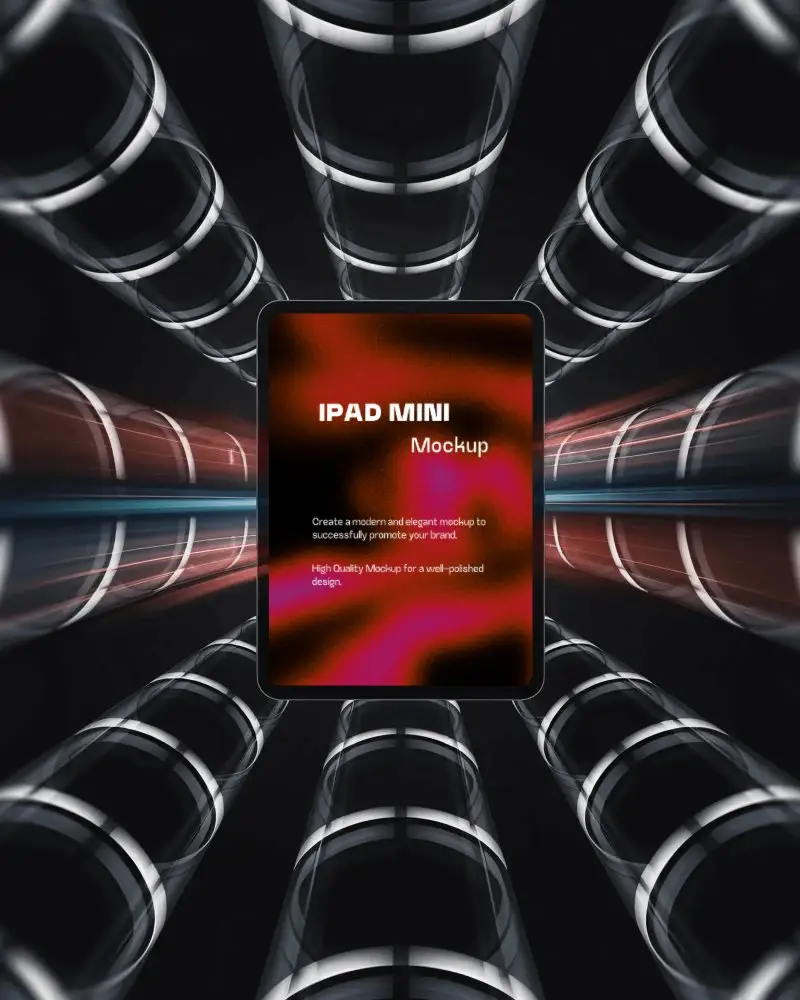 sleek-ipad-mini-mockup-floating-in-sci-fi-glass-tube-environment-with-red-and-blue-glow