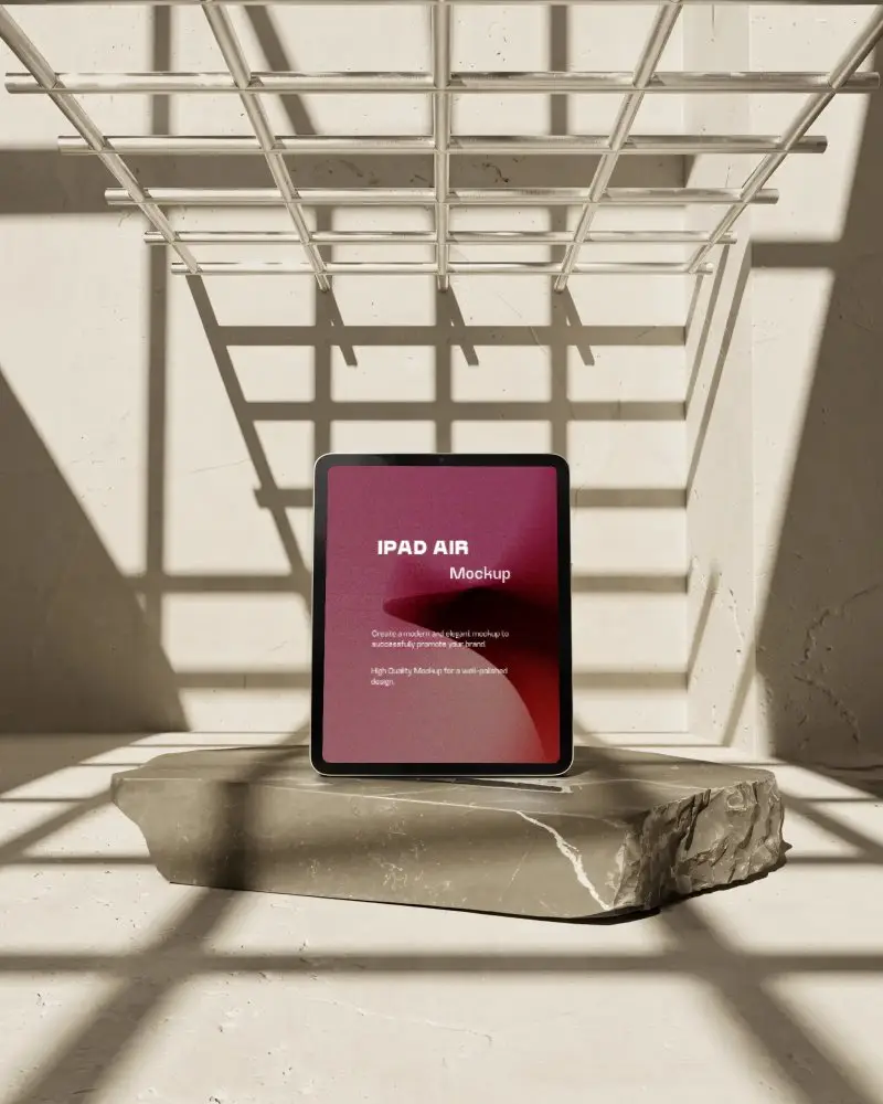 natural-light-ipad-air-mockup-on-rock-surface-under-geometric-sunlight-shadows