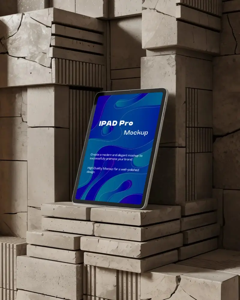 brutalist-architecture-ipad-pro-mockup-angled-view-on-stacked-stone-blocks-with-deep-shadows