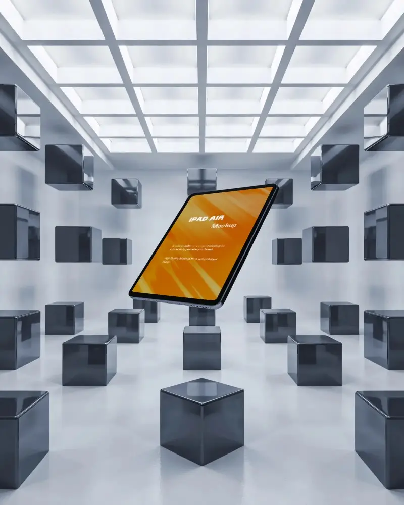 ipad-air-angled-mockup-suspended-in-modern-3d-cube-gallery-with-glowing-ceiling-panels