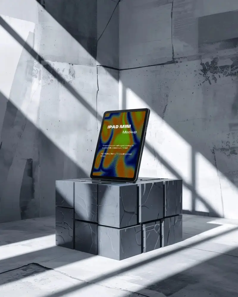 ipad-mini-mockup-on-fractured-cube-pedestal-in-sunlit-concrete-room-with-angled-shadows