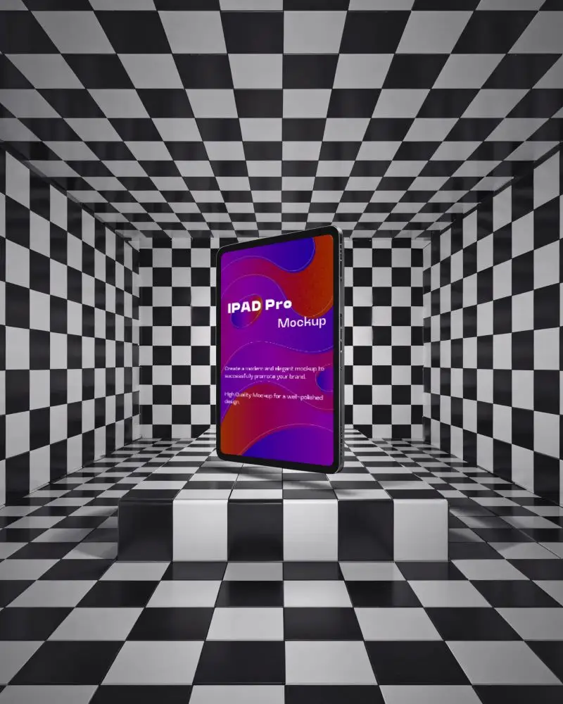 ipad-pro-mockup-on-pedestal-in-optical-illusion-space-with-checker-patterned-walls-and-floor