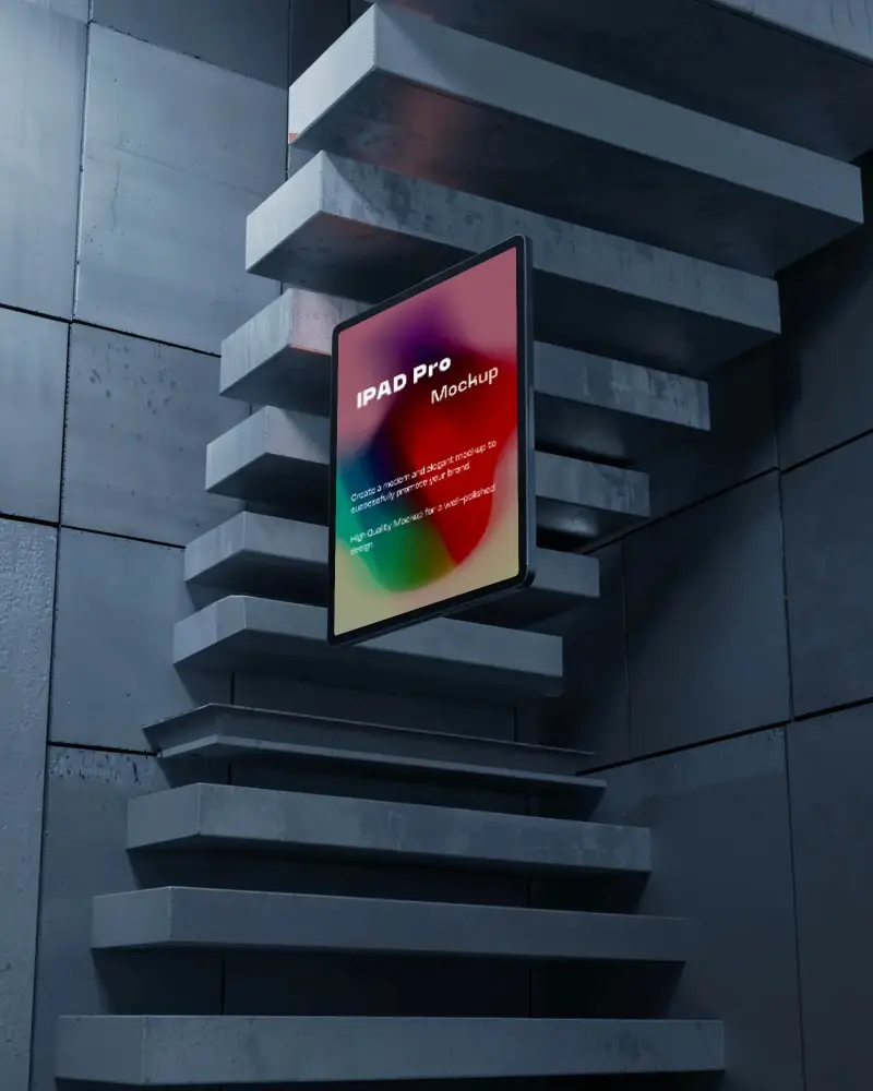 modern-ipad-pro-mockup-floating-in-3d-slab-room-with-raw-surface-and-angular-stair-design