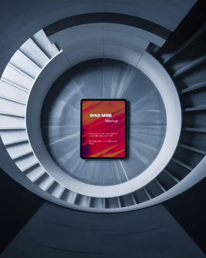 geometric-ipad-mini-mockup-in-modern-round-staircase-seen-from-above-in-blue-toned-light
