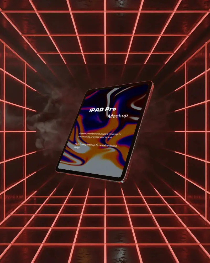 ipad-pro-mockup-floating-in-glowing-red-grid-room-with-smoke-effects-and-dark-futuristic-vibe