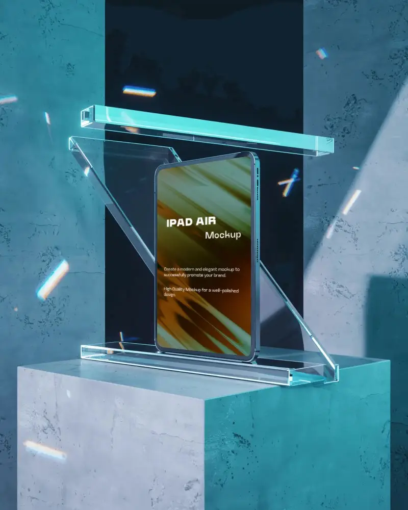 high-tech-ipad-air-mockup-in-transparent-acrylic-frame-on-minimal-aqua-toned-platform