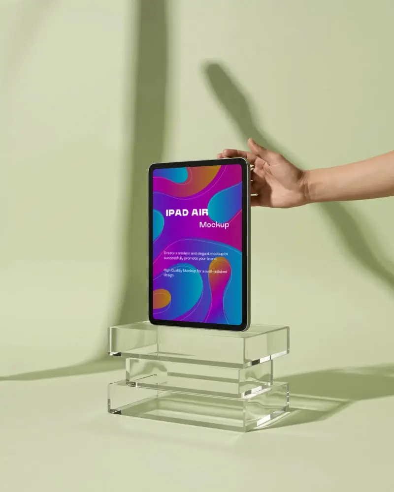 Ipad Air Mockup Held By Hand On Clear Acrylic Stand With Minimal Green Studio Background