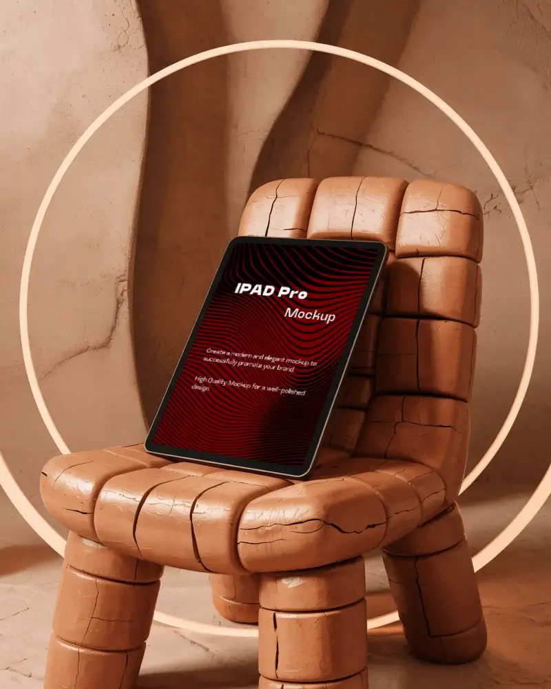 Editorial Ipad Pro Mockup On Puffy Modern Chair With Textured Wall And Ambient Light Loop