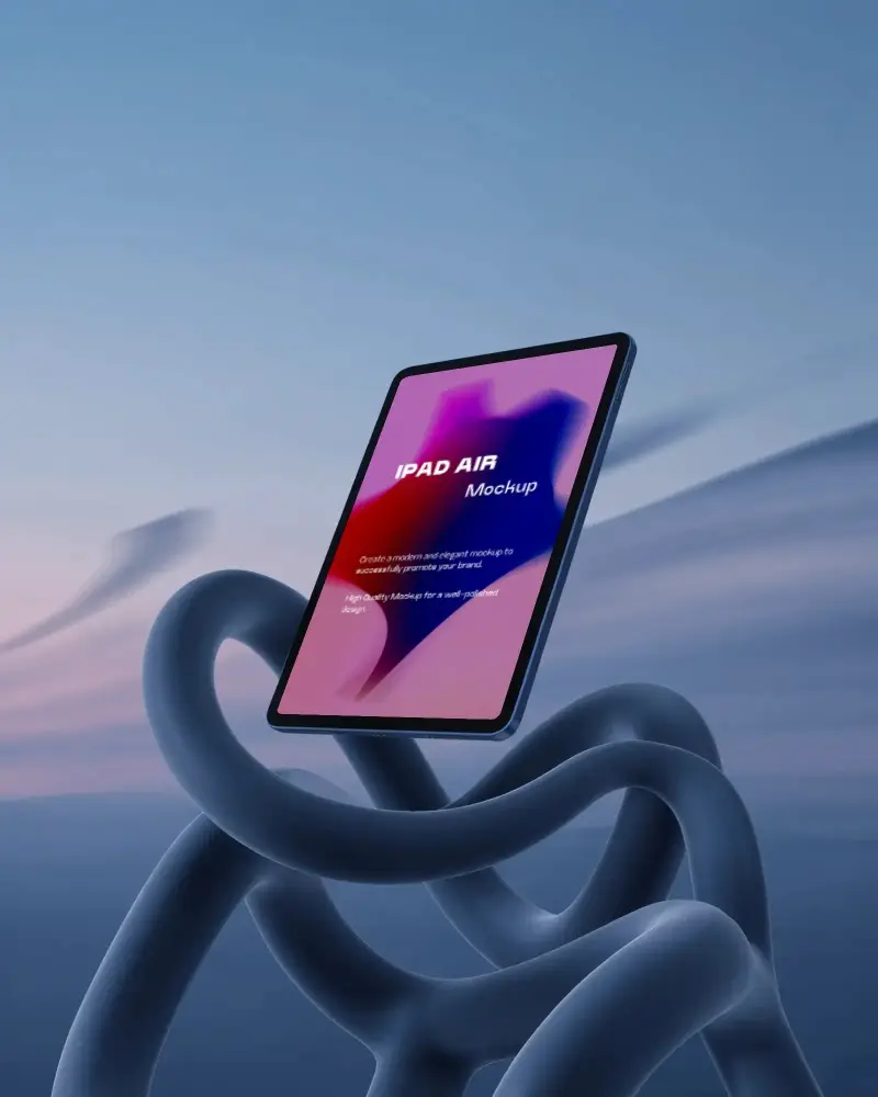 Surreal Ipad Air Mockup Floating Mounted On Twisted Tubular Structure Against Soft Dreamy Sky