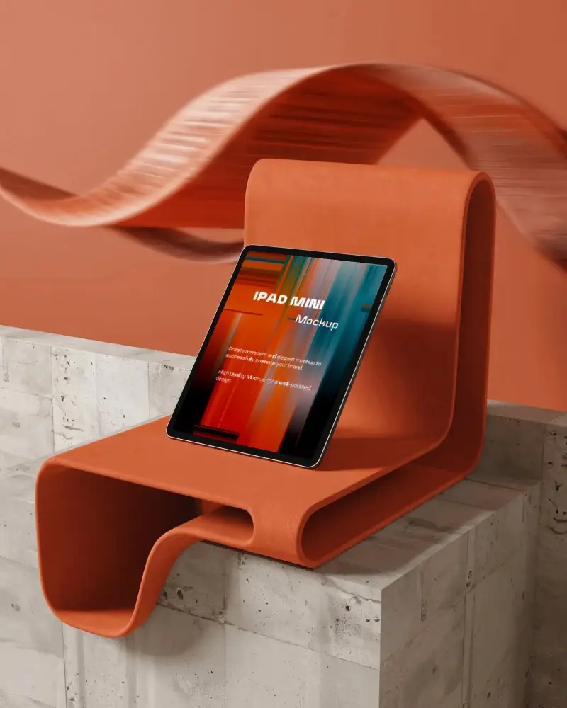 Ipad Mini Mockup On Curved Orange Seat With Stone Podium And Dynamic Flowing Backdrop