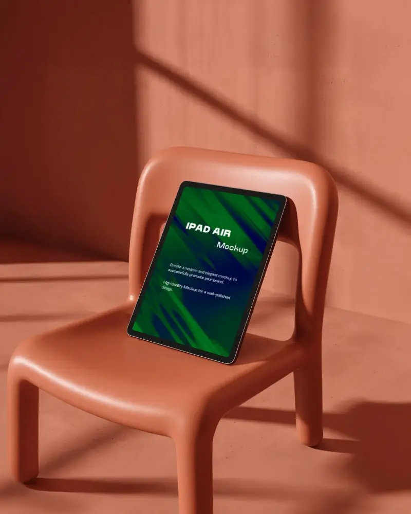 Minimalist Ipad Air Mockup Styled On Smooth Matte Chair In Warm Terra Space With Light Fall