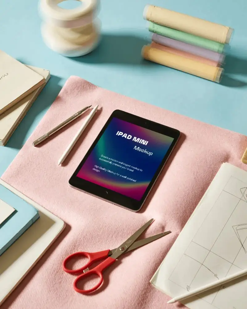 Ipad Mini Mockup In Stationery Workspace Flatlay With Pink Felt And Colorful Craft Supplies