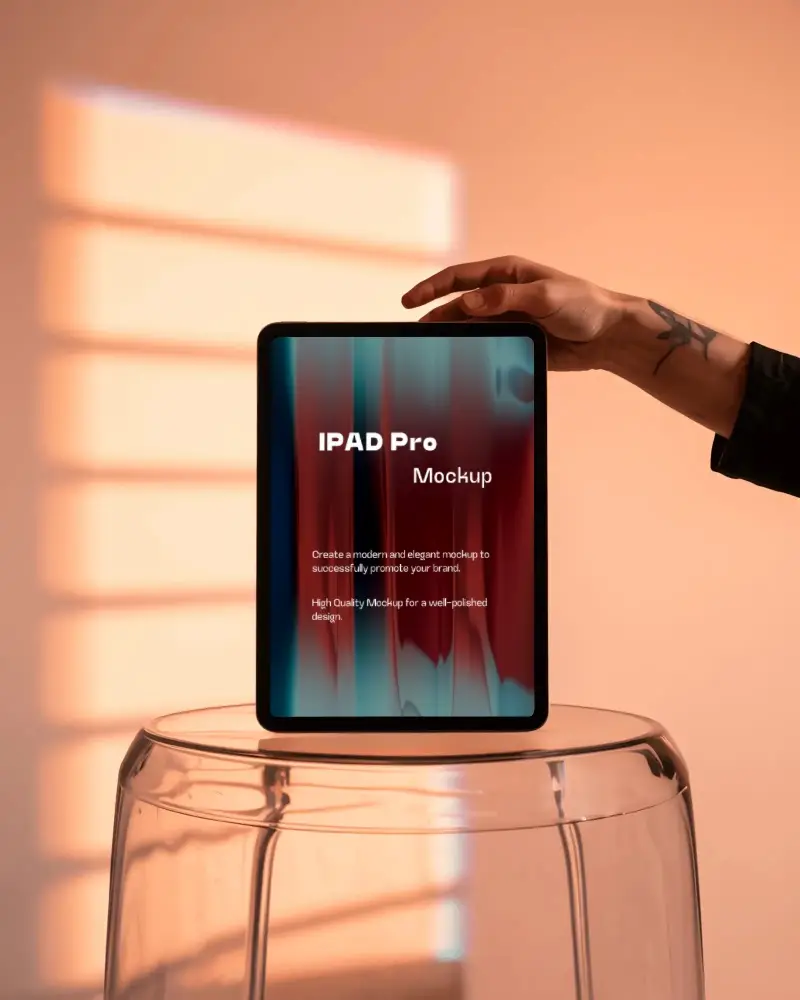 Warm Sunset Ipad Pro Mockup Held Over Glass Stool With Shadow Lines And Minimal Style