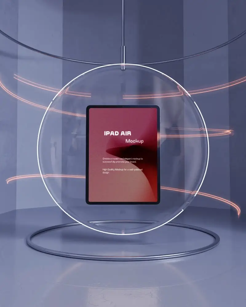 Futuristic Ipad Air Mockup In Hanging Glass Pod With Neon Motion Trails And Modern Light