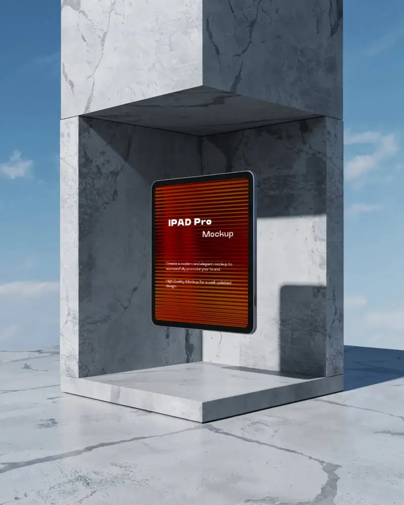 Brutalist Style Ipad Pro Mockup Floating Set In Marble Wall Box With Natural Sky Background