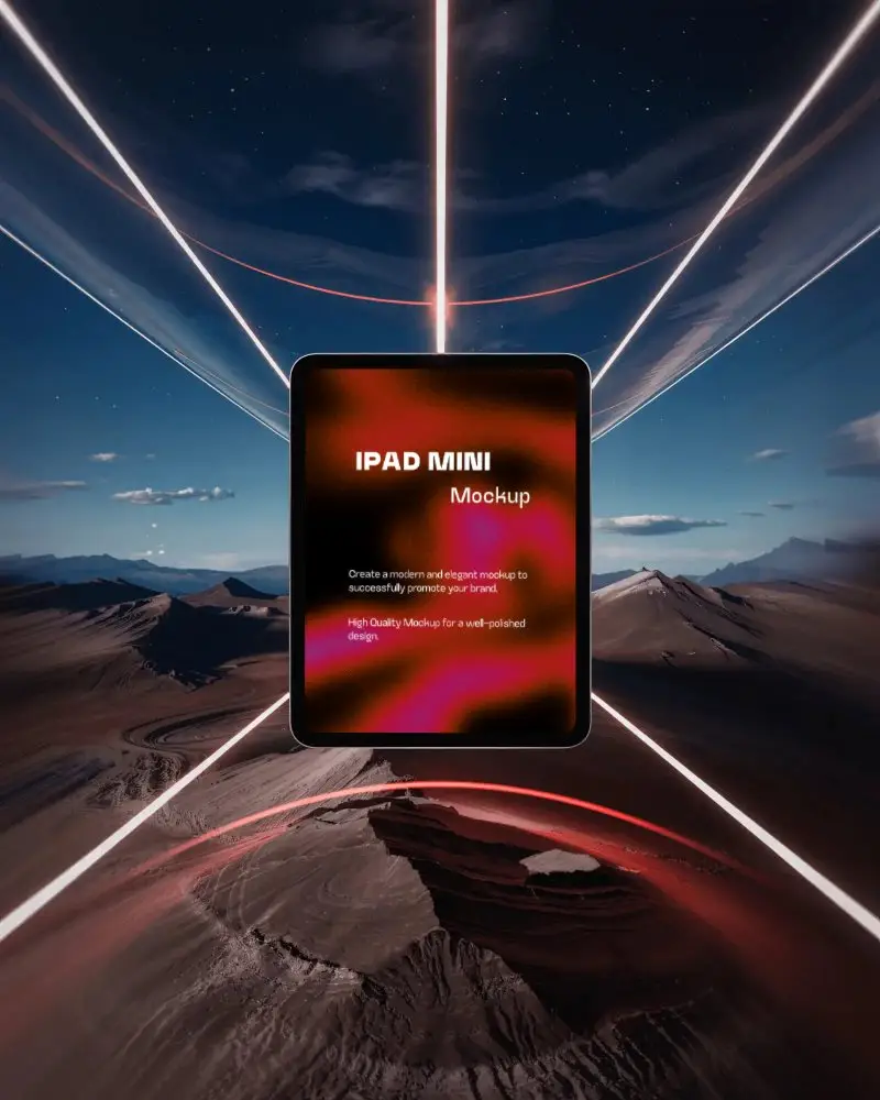 Sci Fi Ipad Mini Mockup Floating In Cinematic Landscape With Glowing Lines And Horizon