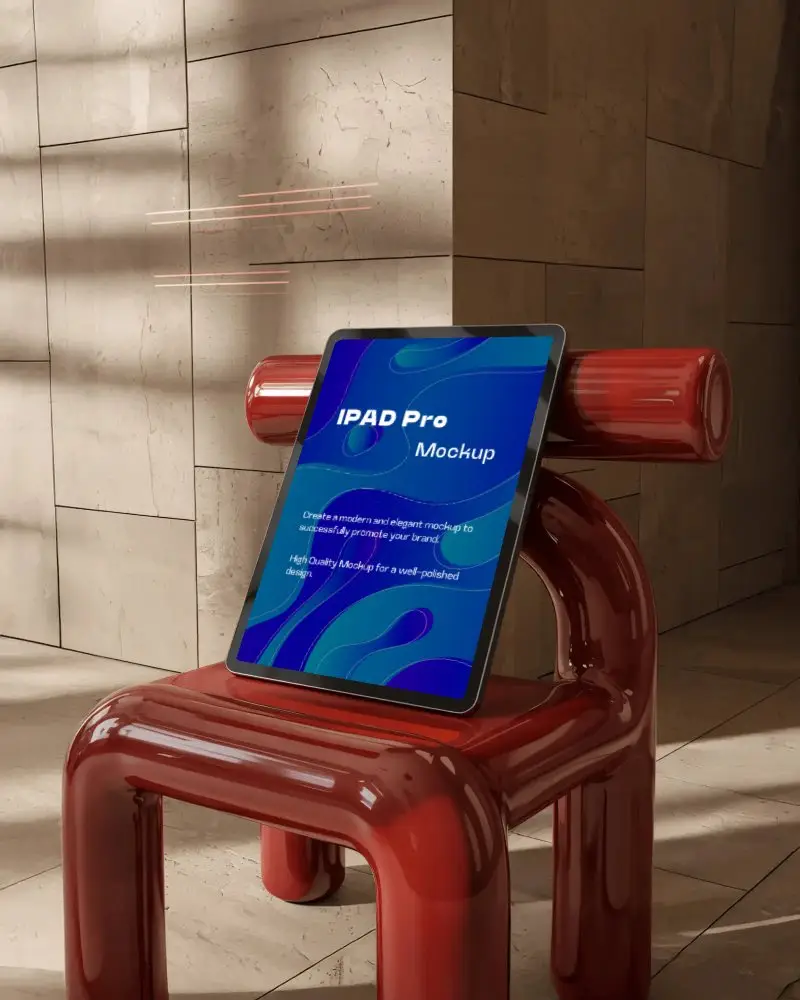 Ipad Pro Mockup On Glossy Red Chair With Sculptural Form In Sunlit Modern Interior