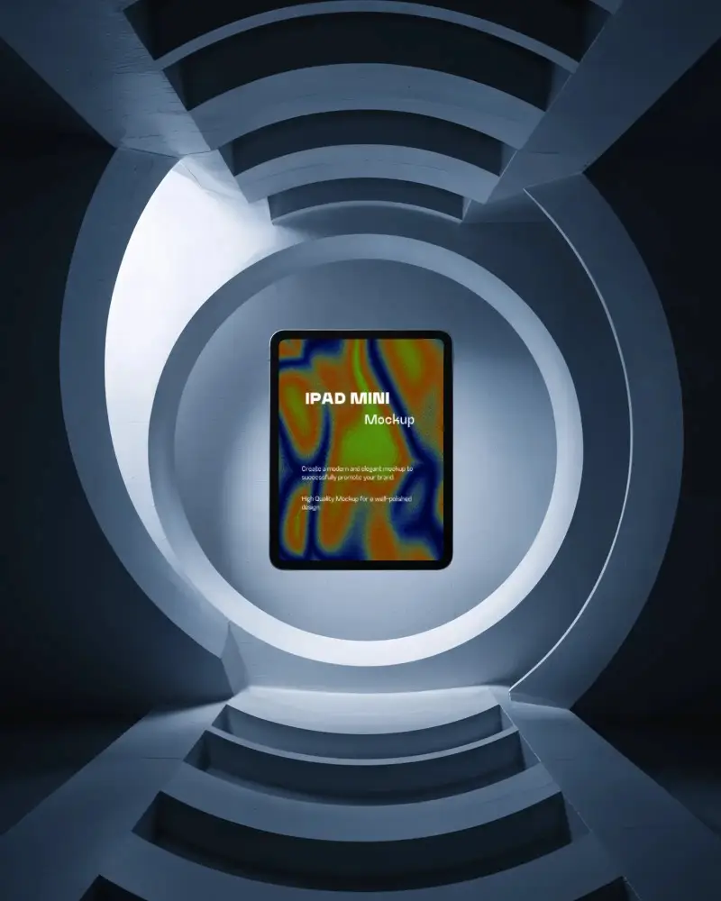 Sci Fi Ipad Mini Mockup Framed In Concrete Spiral Tunnel With Symmetrical Stair Pattern