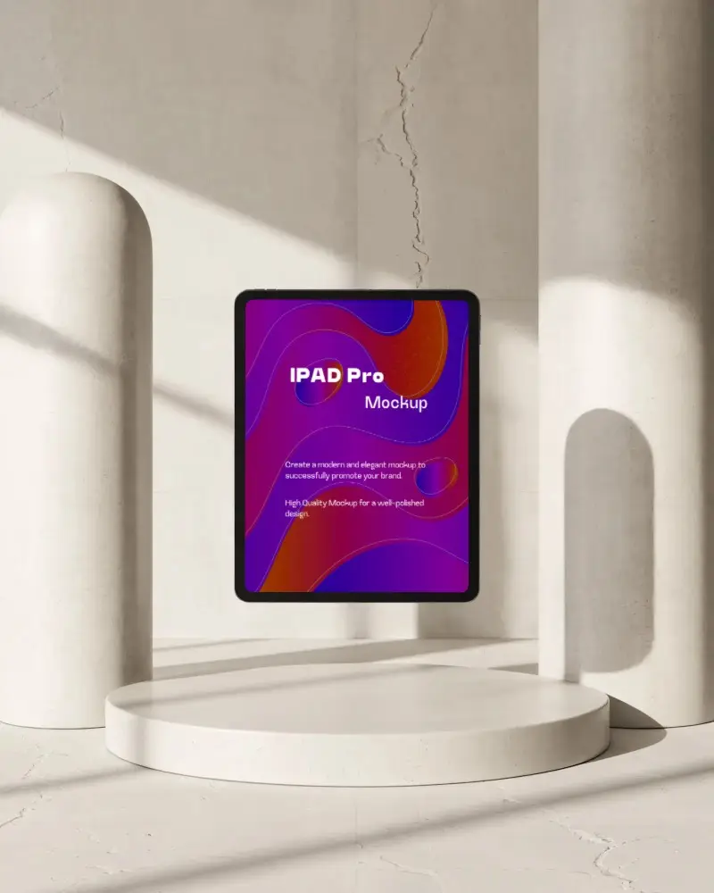 Ipad Pro Mockup On Round Platform In Arched Stucco Room With Neutral Toned Light