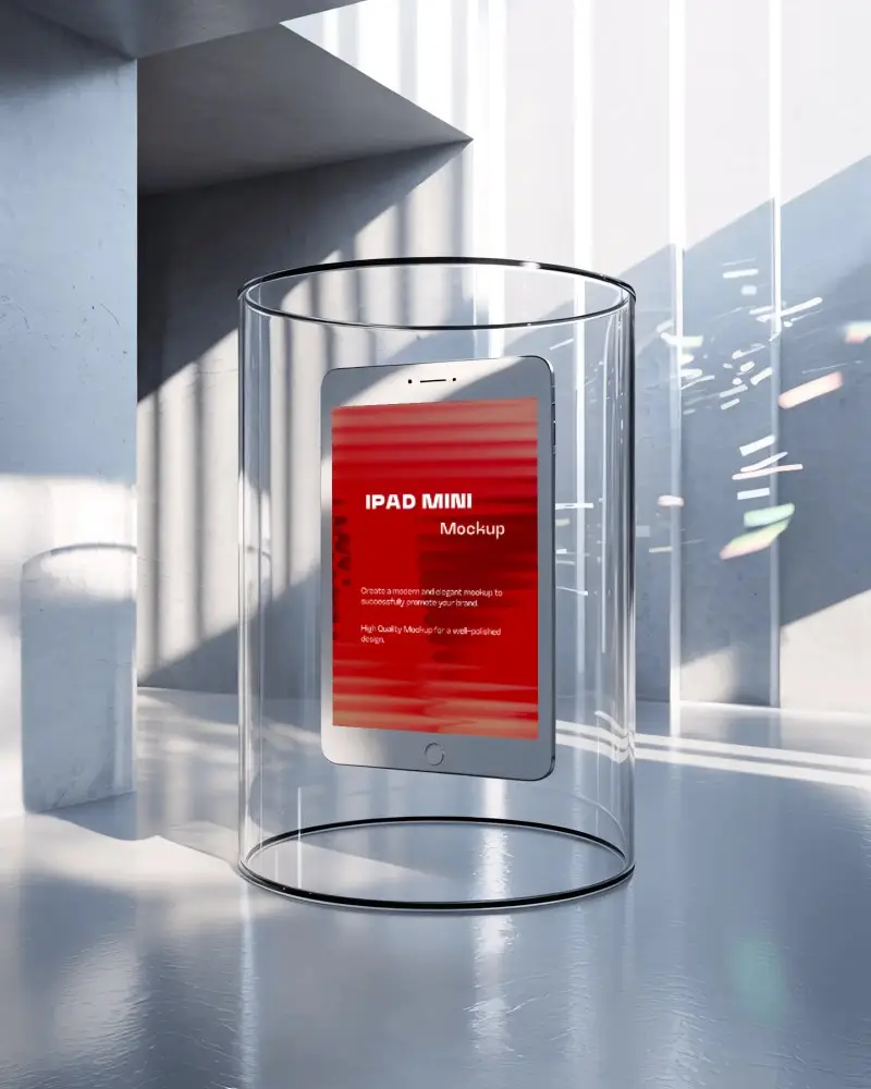 Futuristic Ipad Mini Mockup Floating In Glass Tube With Shadows And Prismatic Light