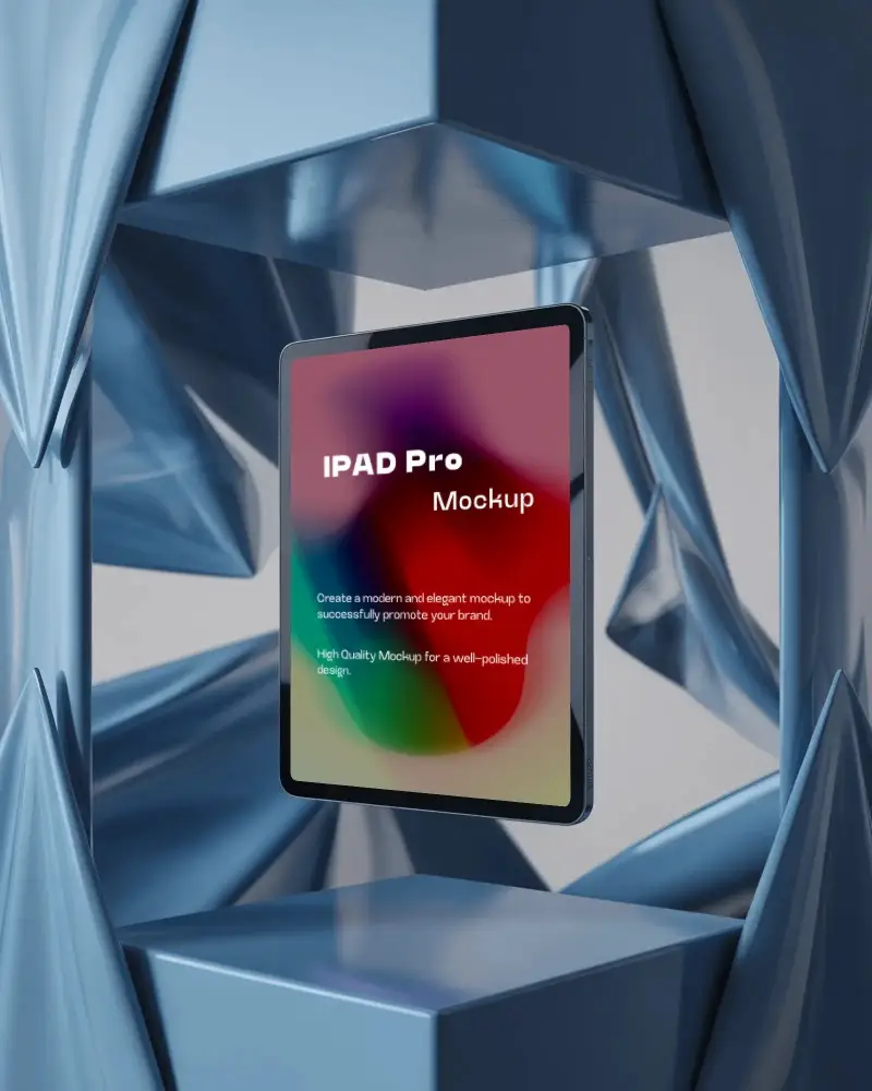 Ipad Pro Mockup Floating Inside Sculpted Metal Frame With Glossy Blue Folded Surfaces