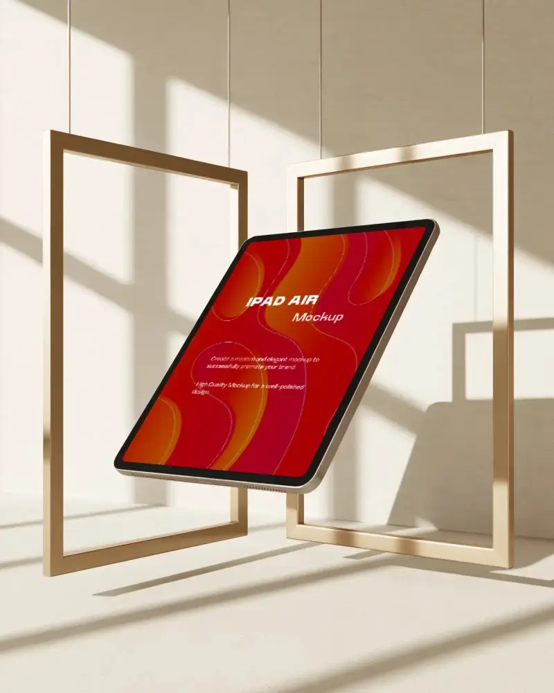 Ipad Air Mockup Floating Between Wooden Frames In Minimal Sunlit Studio Scene