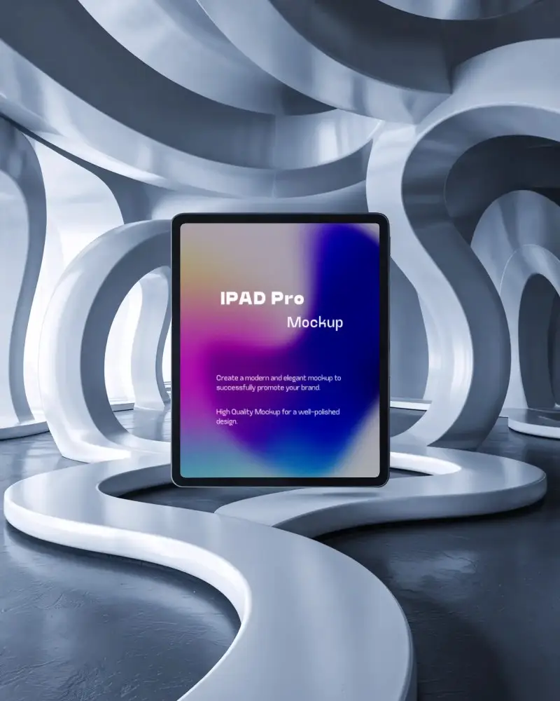 Surreal Ipad Pro Mockup In Modern Abstract Interior With Wavy Structure And Reflections