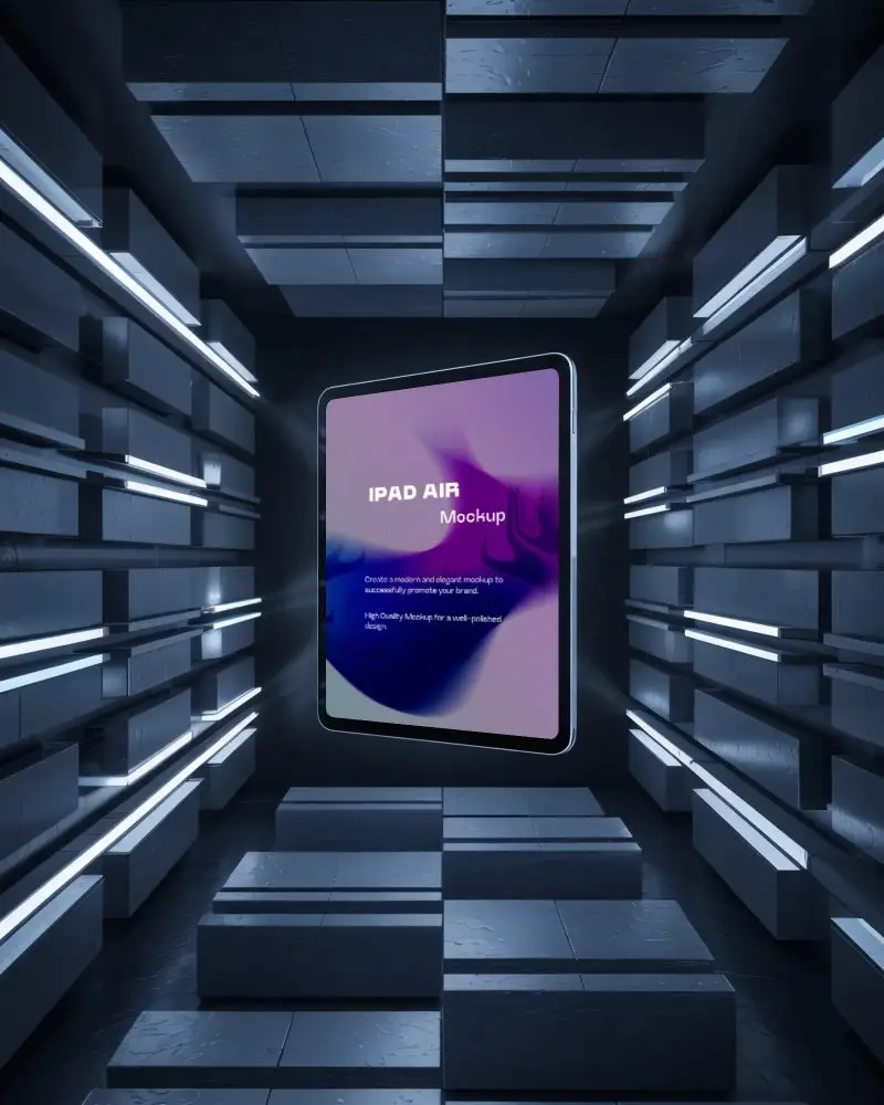 Ipad Air Mockup In Sci Fi Light Tunnel With Floating Panels And Symmetric Ambient Glow