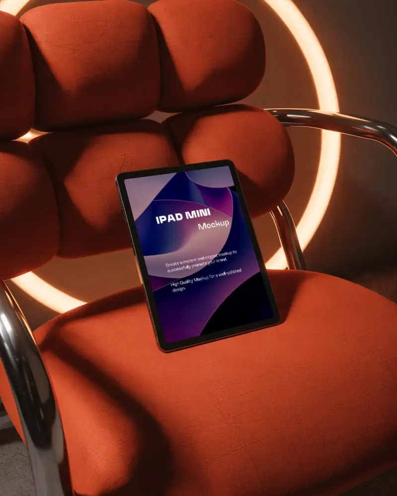 Ipad Mini Mockup On Orange Cushion Chair With Metal Arms And Glowing Circle Backlight