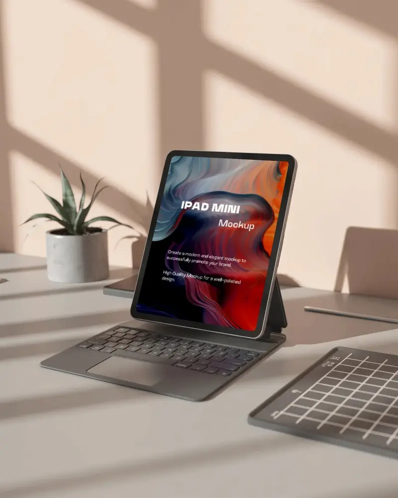 Ipad Mini Mockup On Keyboard Stand In Bright Desk Setup With Shadows And Plant Decor