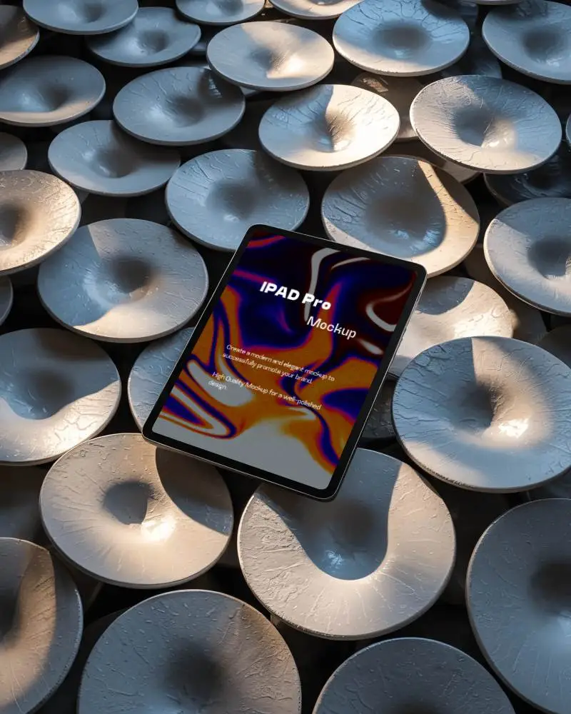 artistic-ipad-pro-mockup-resting-on-dimpled-circular-tiles-in-abstract-lighting-pattern