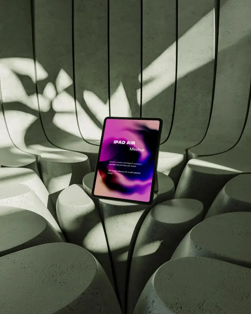 ipad-air-mockup-in-concrete-sculptural-setup-with-organic-forms-and-bold-shadow-play