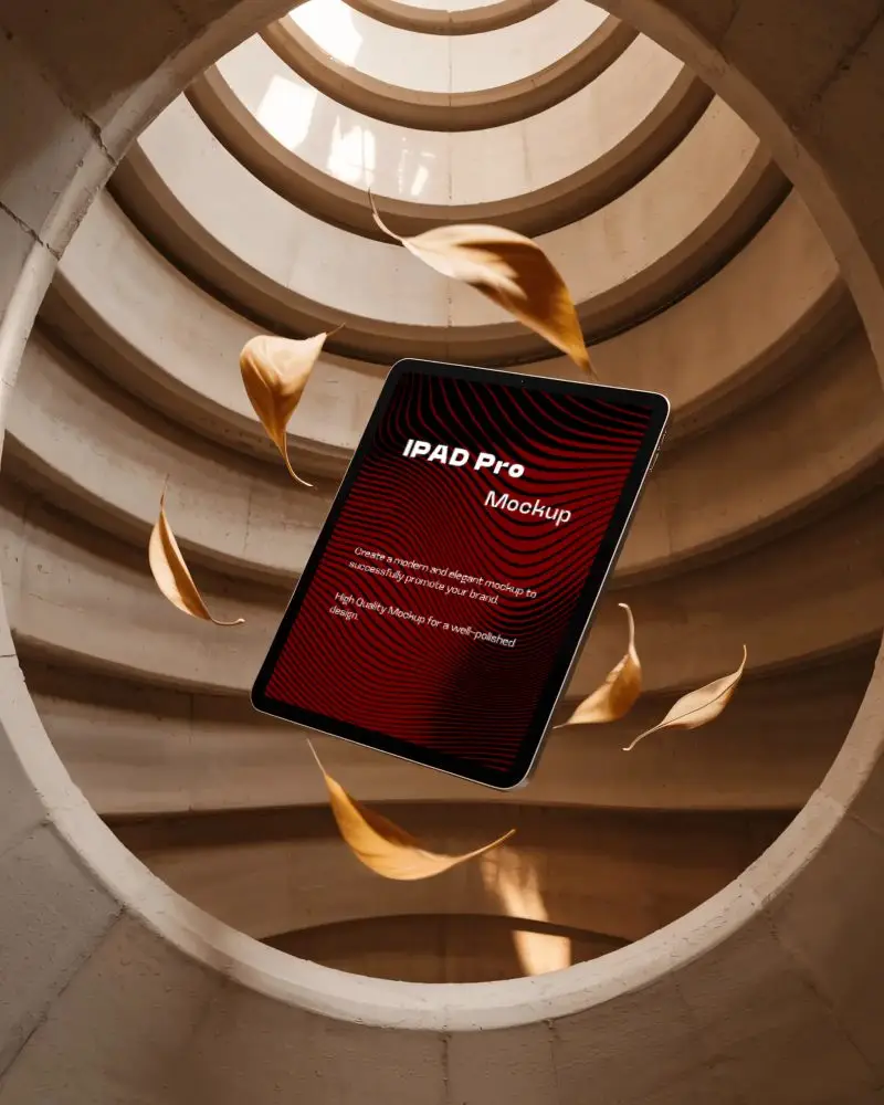 ipad-pro-mockup-floating-in-spiral-architecture-with-autumn-leaves-and-soft-sunlight