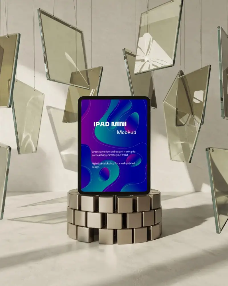 ipad-mini-mockup-on-metallic-podium-with-hanging-glass-shards-in-modern-studio-light