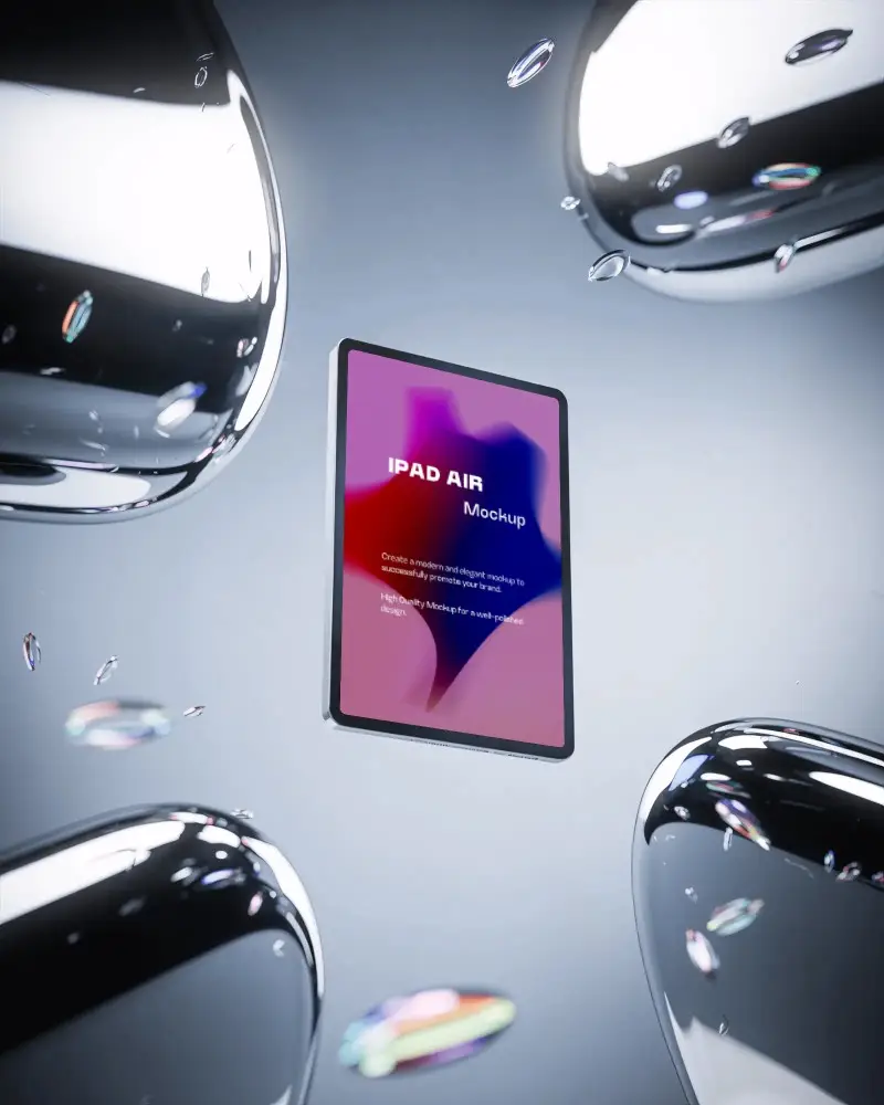 floating-ipad-air-mockup-surrounded-by-chrome-objects-and-bubbles-in-high-gloss-light