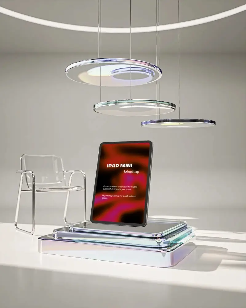 stylish-ipad-mini-mockup-on-luxury-display-under-suspended-disc-lights-and-clear-chair