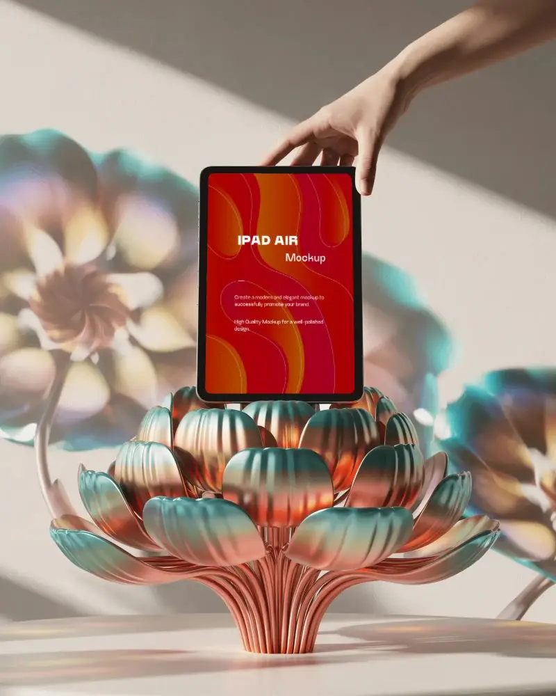 floral-sculpture-ipad-air-mockup-with-hand-reveal-in-modern-art-inspired-light-setting