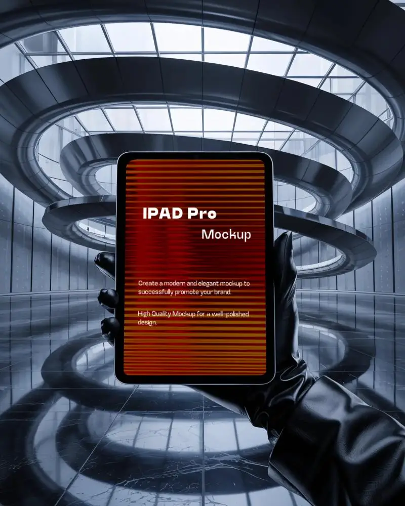 futuristic-ipad-pro-mockup-in-modern-spiral-atrium-held-in-gloved-hand-center-frame