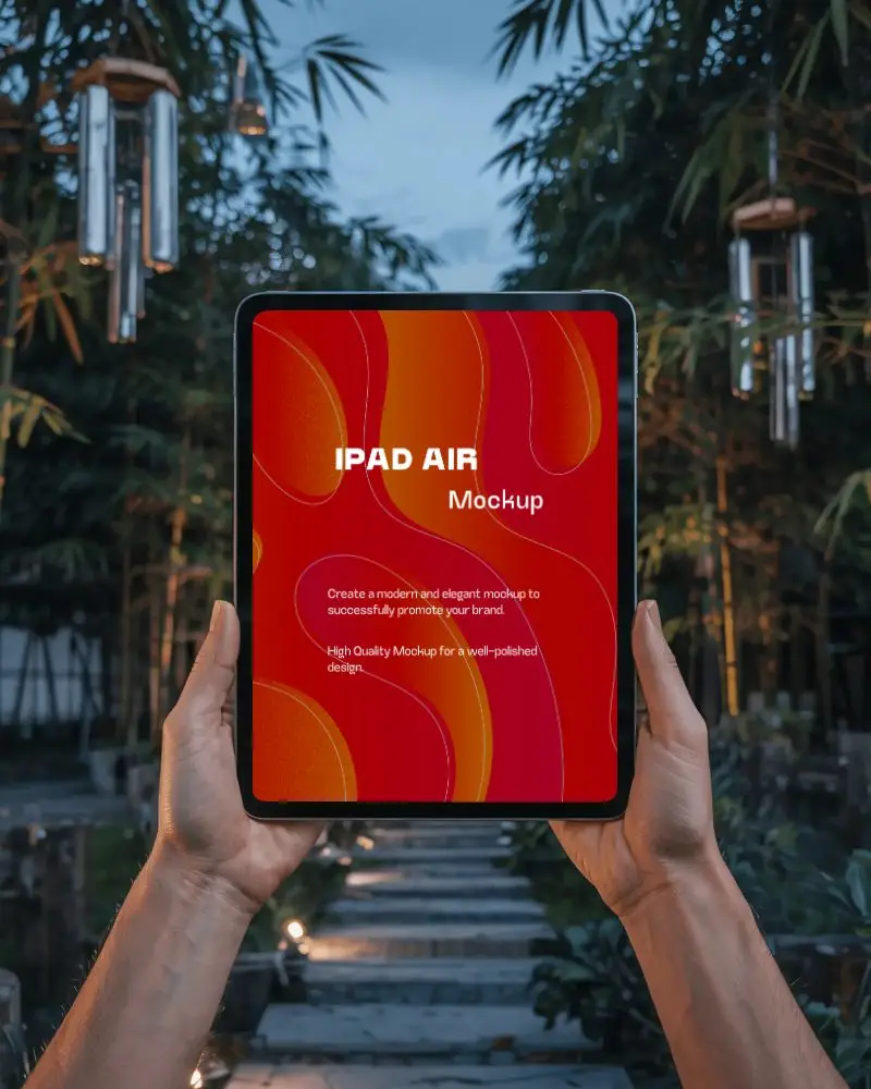 outdoor-ipad-air-mockup-with-hands-raised-in-serene-evening-bamboo-walkway-scene
