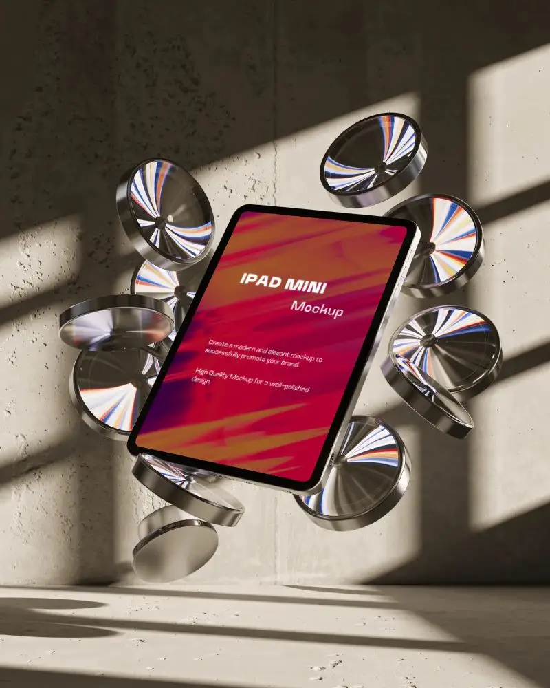 creative-ipad-mini-mockup-hovering-amid-circular-discs-in-sculptural-light-studio
