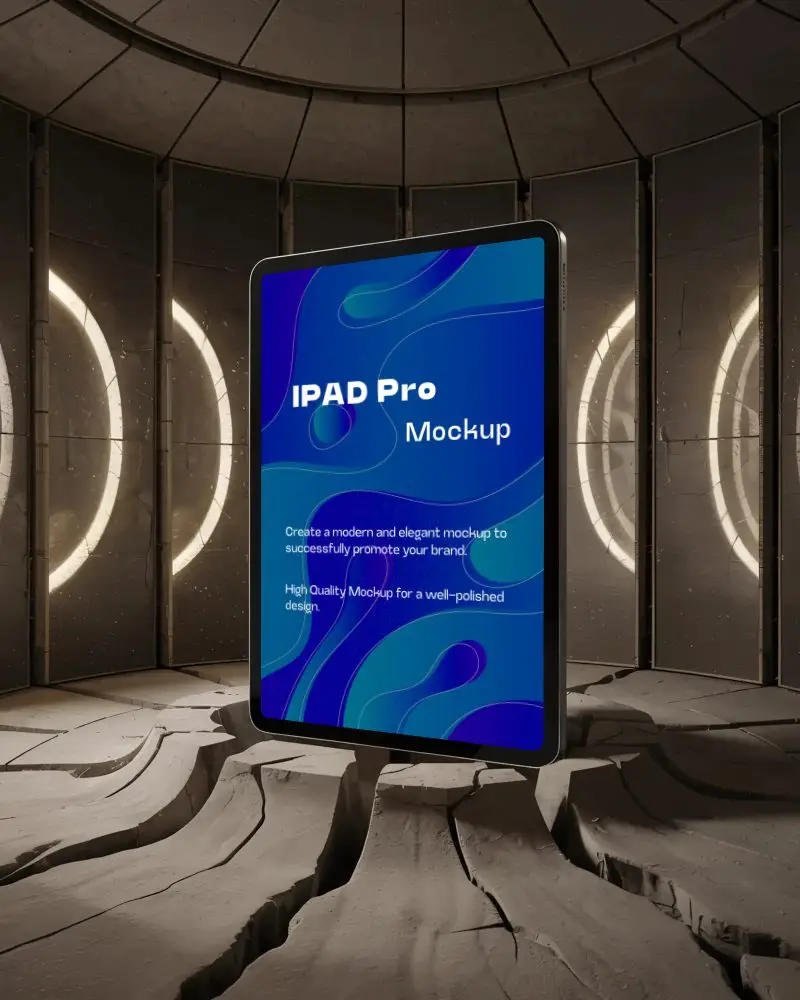 ipad-pro-mockup-standing-in-cracked-stone-chamber-with-circular-wall-lights-and-shadows